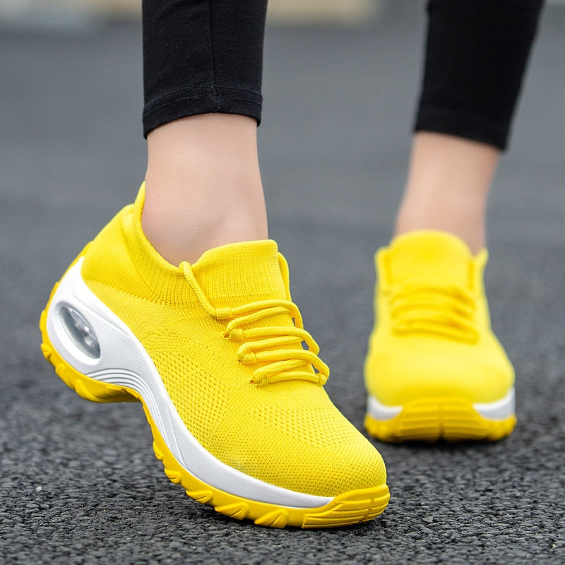 Cushioning Women Sock Sneakers Breathable Mesh Yellow Running Shoes Height Increasing Wedge Sports Shoes Thick Sole Platform 42