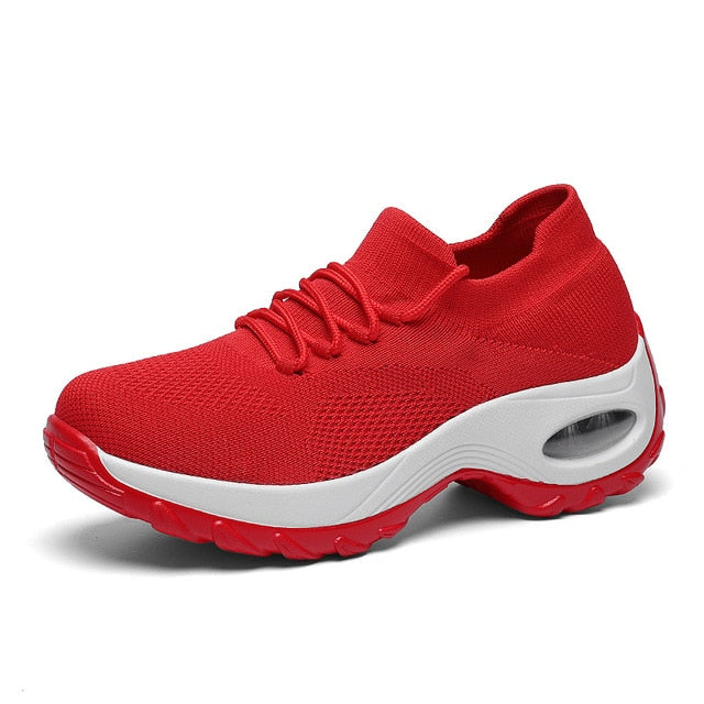 Cushioning Women Sock Sneakers Breathable Mesh Yellow Running Shoes Height Increasing Wedge Sports Shoes Thick Sole Platform 42