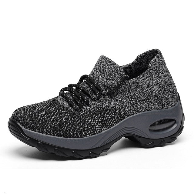 Cushioning Women Sock Sneakers Breathable Mesh Yellow Running Shoes Height Increasing Wedge Sports Shoes Thick Sole Platform 42