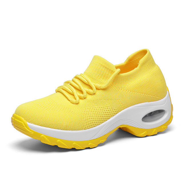 Cushioning Women Sock Sneakers Breathable Mesh Yellow Running Shoes Height Increasing Wedge Sports Shoes Thick Sole Platform 42