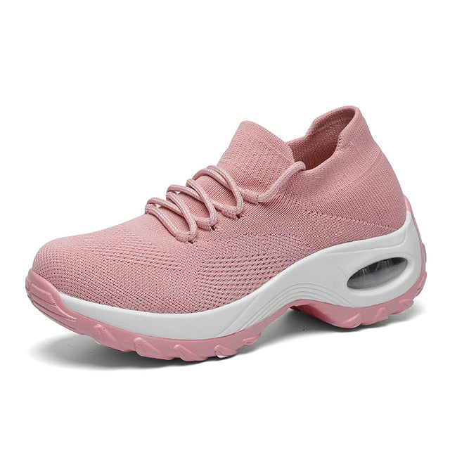 Cushioning Women Sock Sneakers Breathable Mesh Yellow Running Shoes Height Increasing Wedge Sports Shoes Thick Sole Platform 42