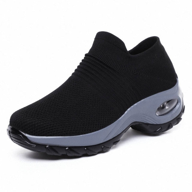 Cushioning Women Sock Sneakers Breathable Mesh Yellow Running Shoes Height Increasing Wedge Sports Shoes Thick Sole Platform 42