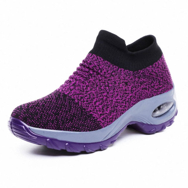 Cushioning Women Sock Sneakers Breathable Mesh Yellow Running Shoes Height Increasing Wedge Sports Shoes Thick Sole Platform 42