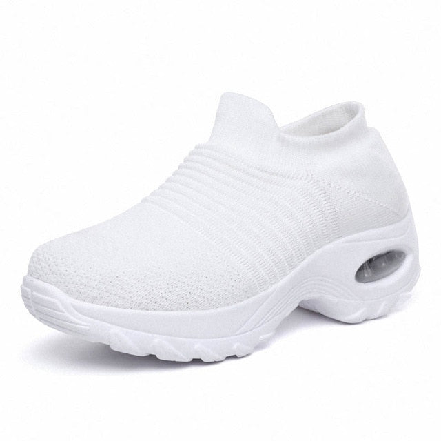Cushioning Women Sock Sneakers Breathable Mesh Yellow Running Shoes Height Increasing Wedge Sports Shoes Thick Sole Platform 42